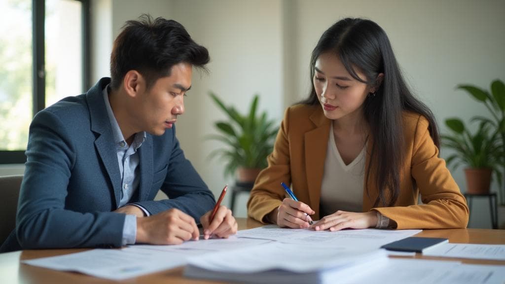 Couple reviewing PR application paperwork together