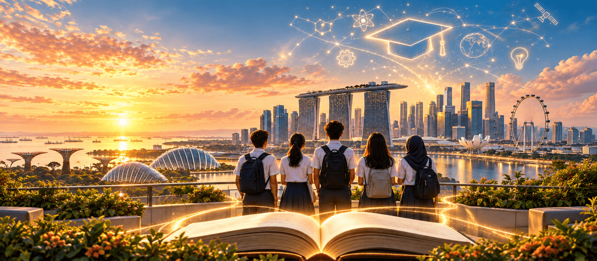 Students looking across Singapore’s skyline from a rooftop learning terrace