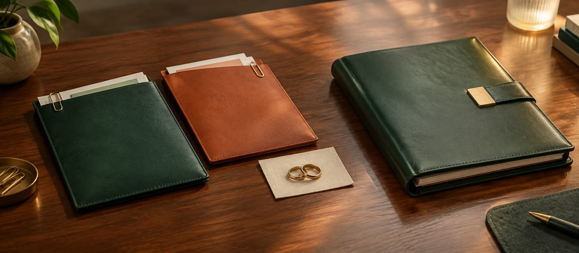 Two leather document folders, green for the sponsor and terracotta for the spouse, beside a pair of wedding rings and one larger green folder for the joint LTVP application.